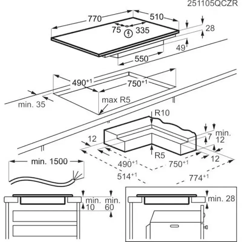 Схема встраивания для варочной панели AEG TH85IH50IB